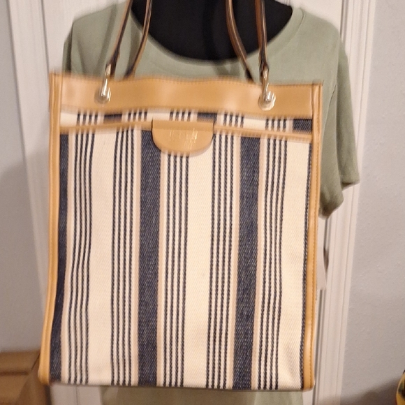 Striped Tan and Blue Tote Bag - Picture 1 of 1